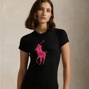 NWOT Ralph Lauren Women’s Black T Pink Pony Logo Crewneck XL Preppy Cool Classic